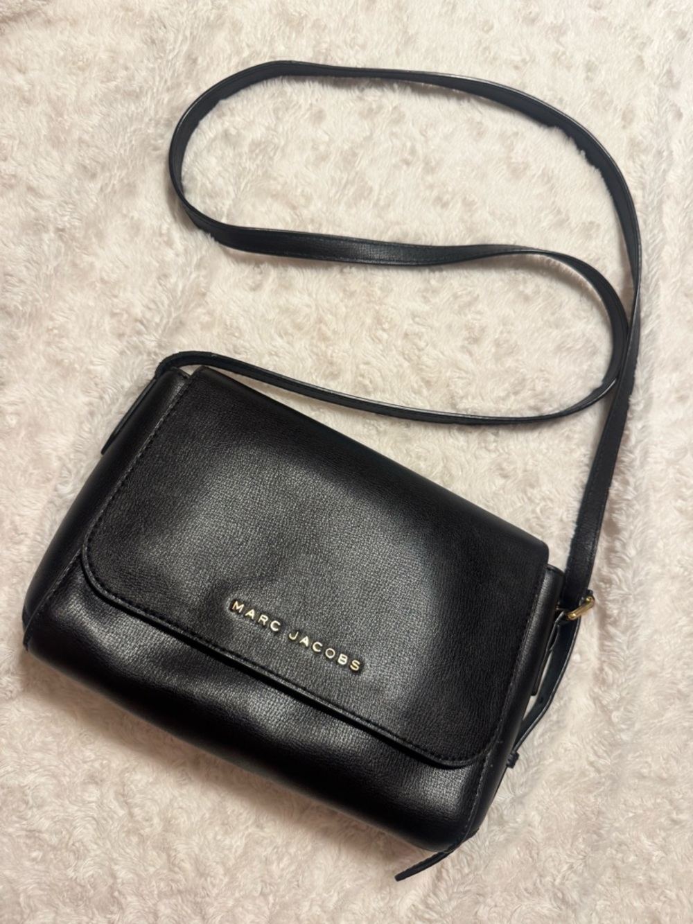 Marc Jacobs Black Leather Flap Crossbody with Gold Logo